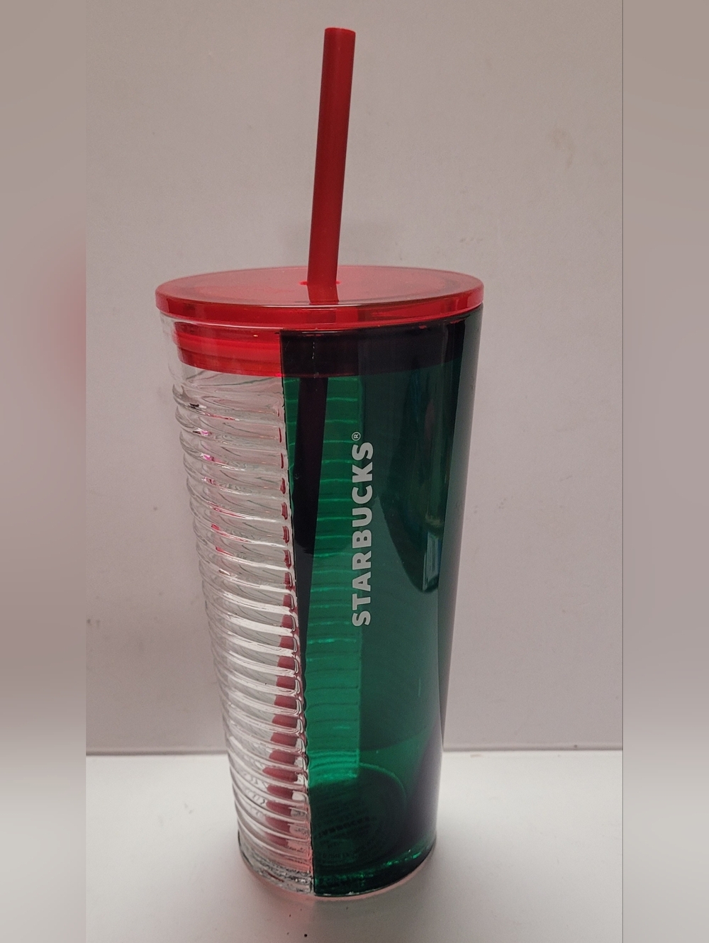 Starbucks Green & Clear Holiday 2021 Tumbler with Red Lid and Straw